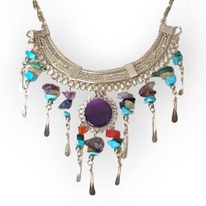 Bohemian hand-made silver tone and purple stone necklace and earring set